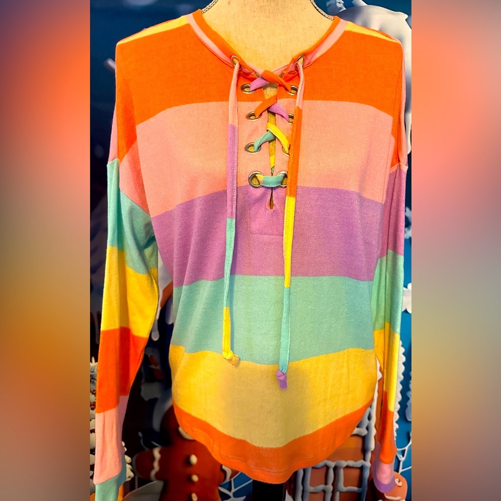 NWT No Comment L tee multicoloured horizontal stripes long sleeves